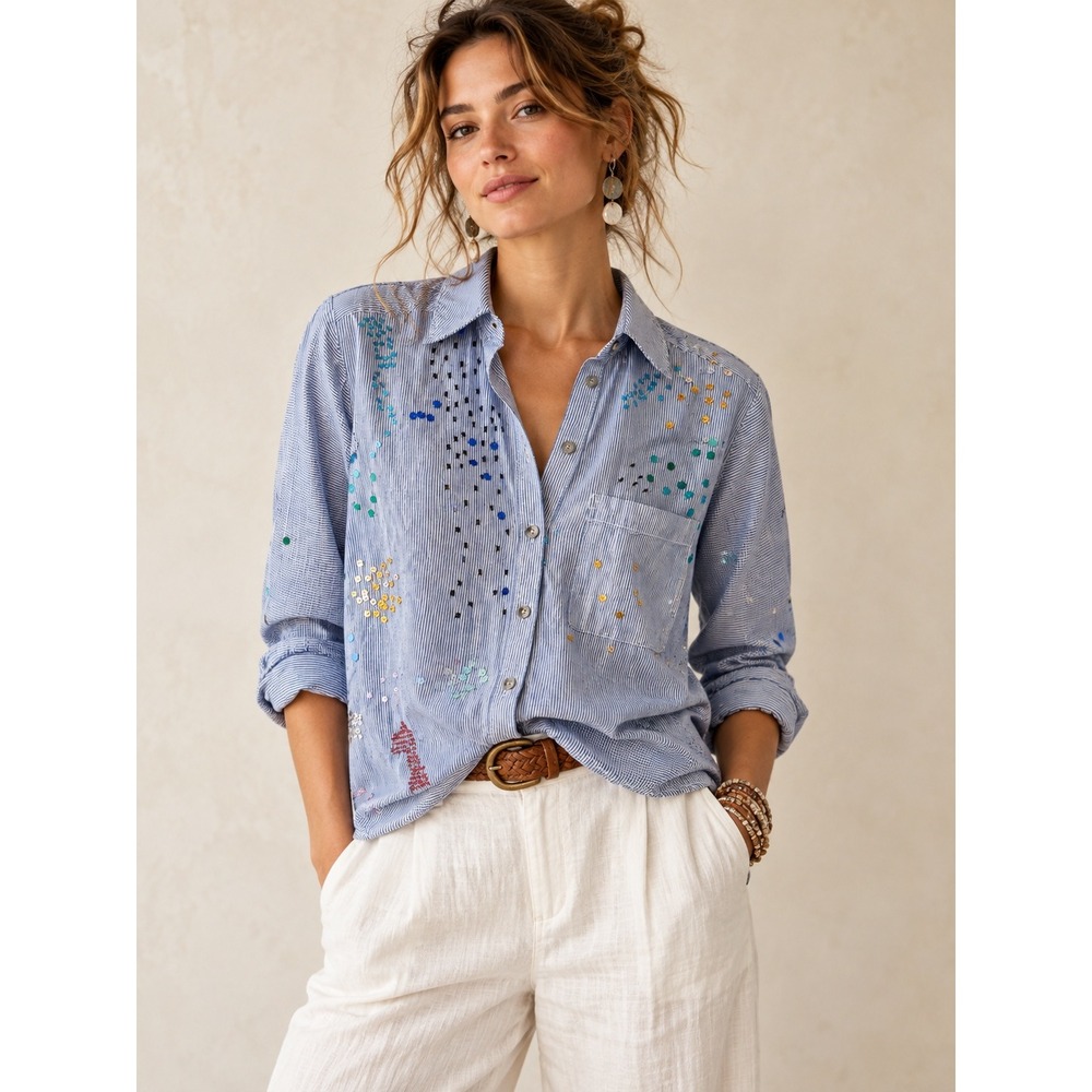 Anthropologie Pilcro The Cate Shirt Womens M Blue Stripe Sequin Button Down